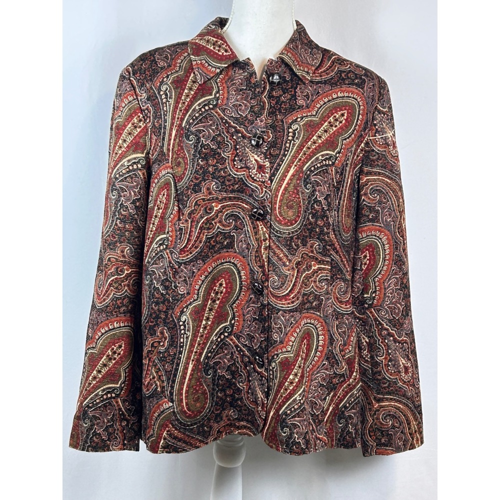 Coldwater Creek Paisley Tapestry Jacket Womens M Red Gold Button Front Excellent